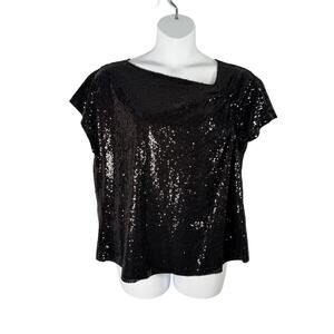 DG2 Diane Gilman Top 1X Black Sequin Cotton Modal Party Formal Asymmetric V-neck